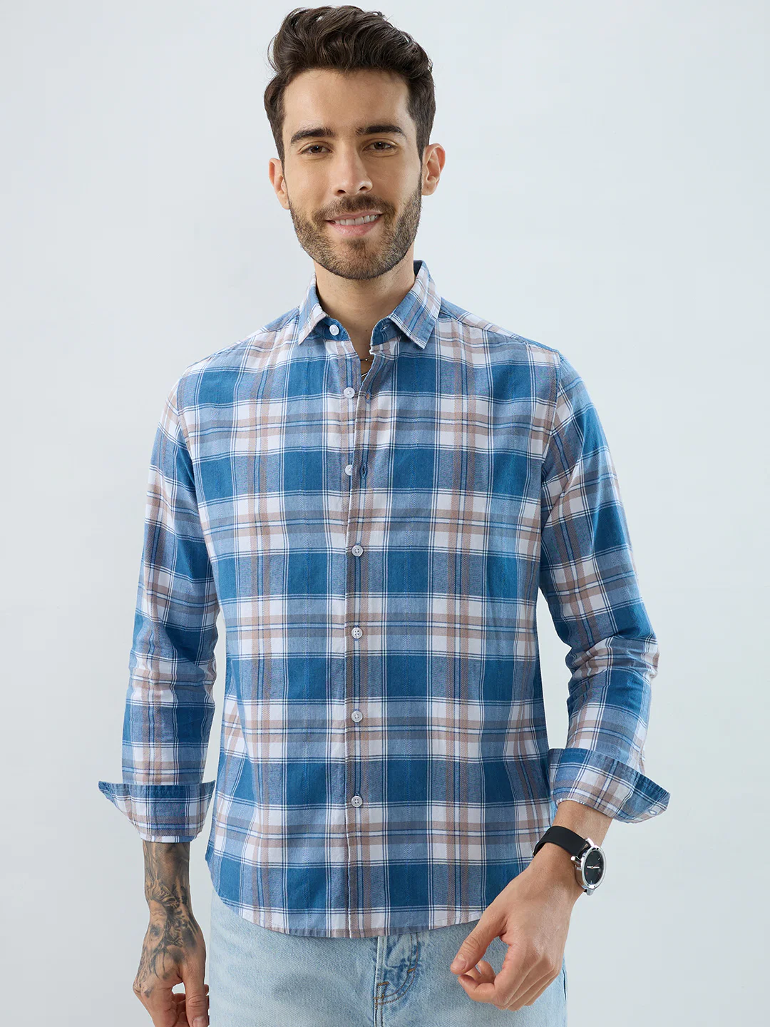 Premium Powder Blue Plaid Checks Denim Textured Shirt - Image 5