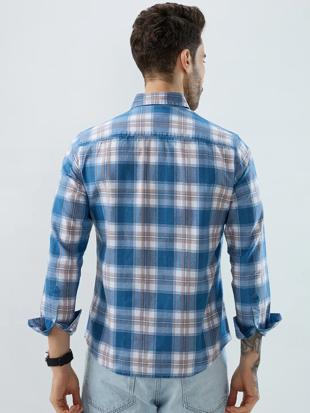 Premium Powder Blue Plaid Checks Denim Textured Shirt - Image 6