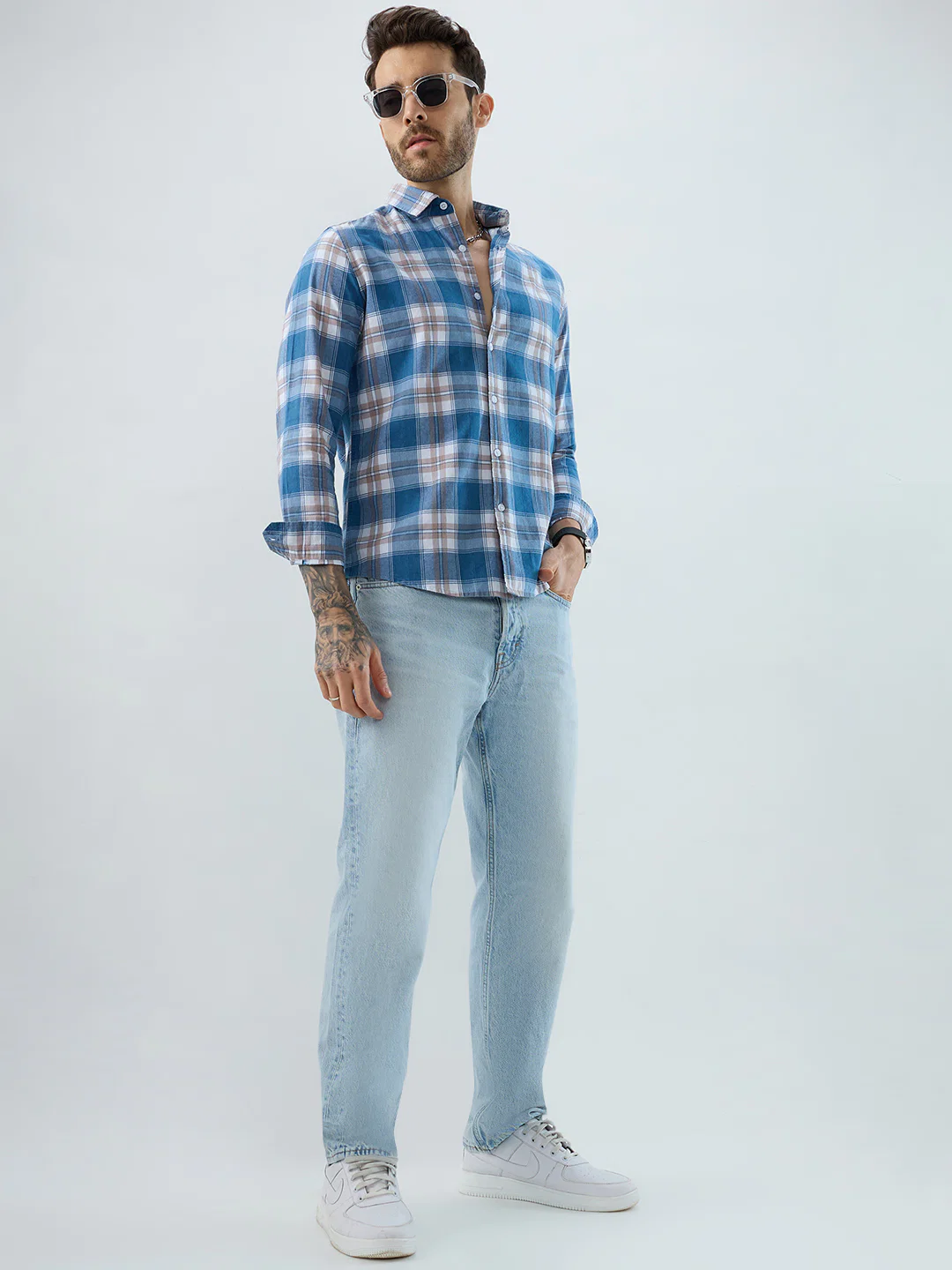Premium Powder Blue Plaid Checks Denim Textured Shirt - Image 7