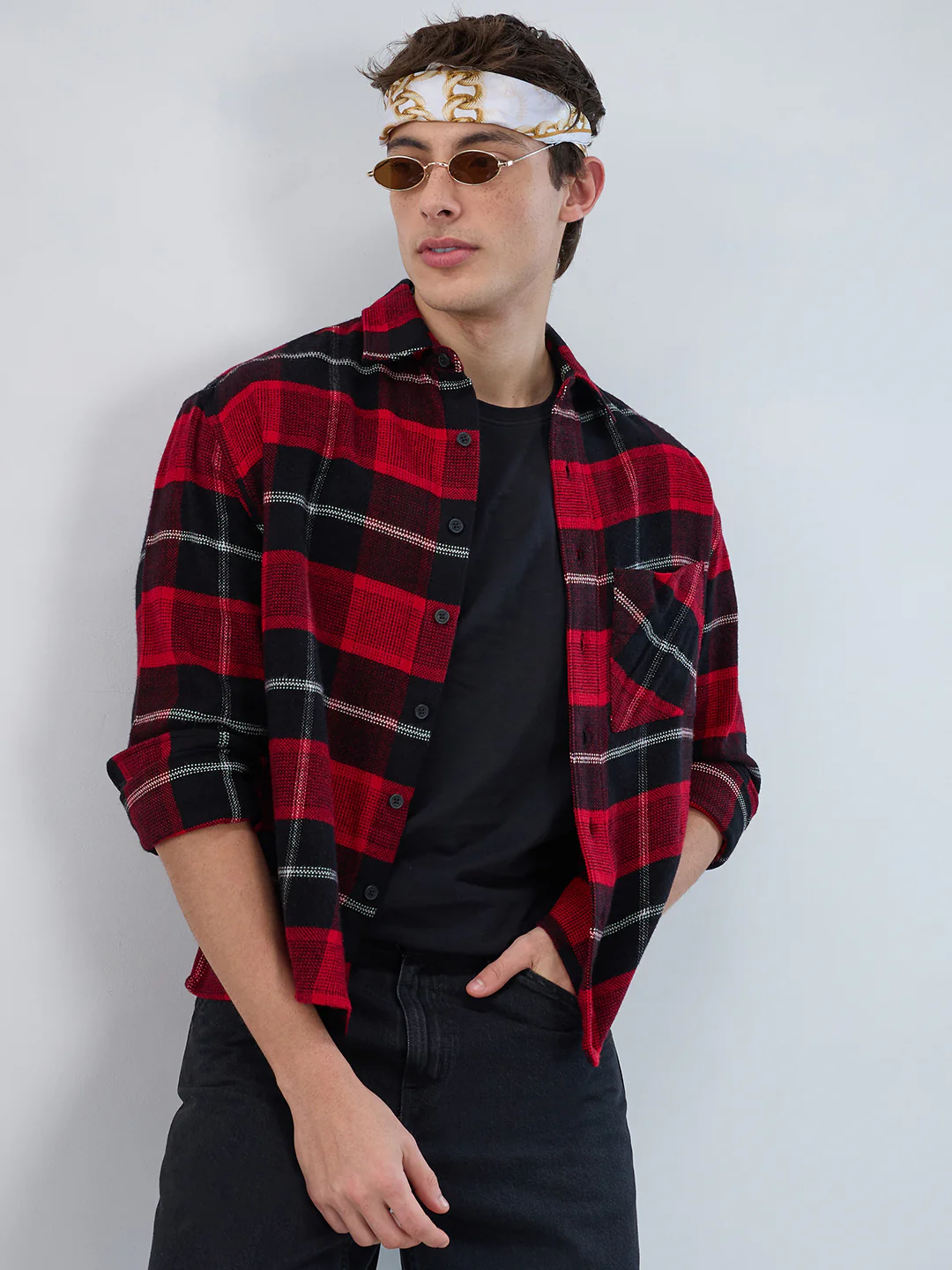 Premium Red & Black Flannel Checks Boxy Fit Crop Shirt - Image 2