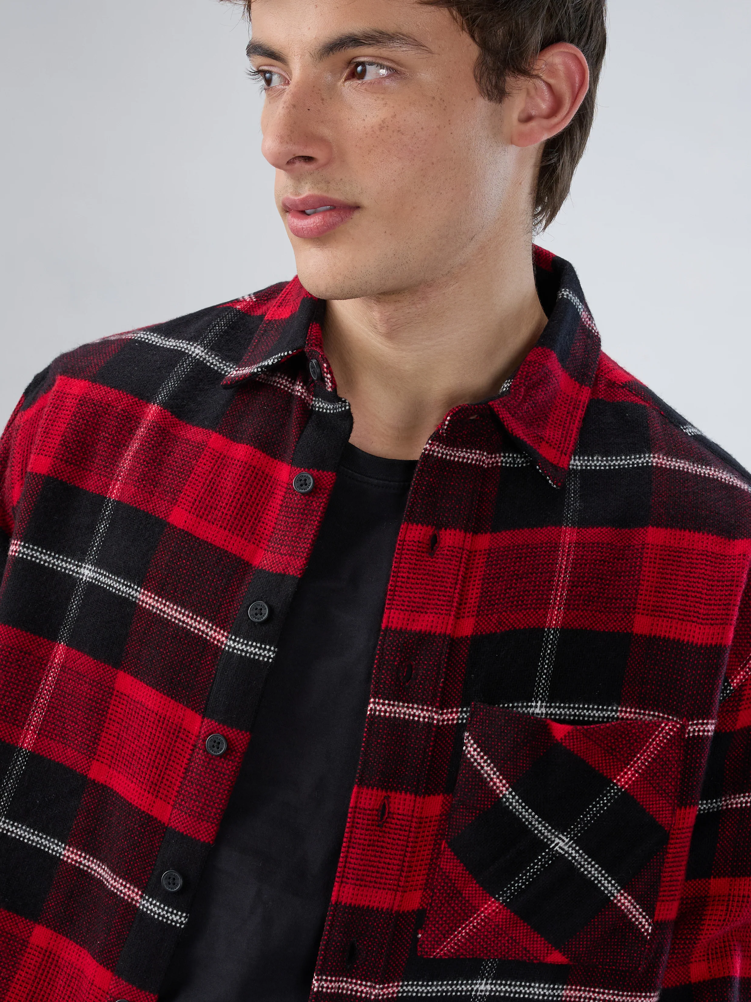 Premium Red & Black Flannel Checks Boxy Fit Crop Shirt - Image 3