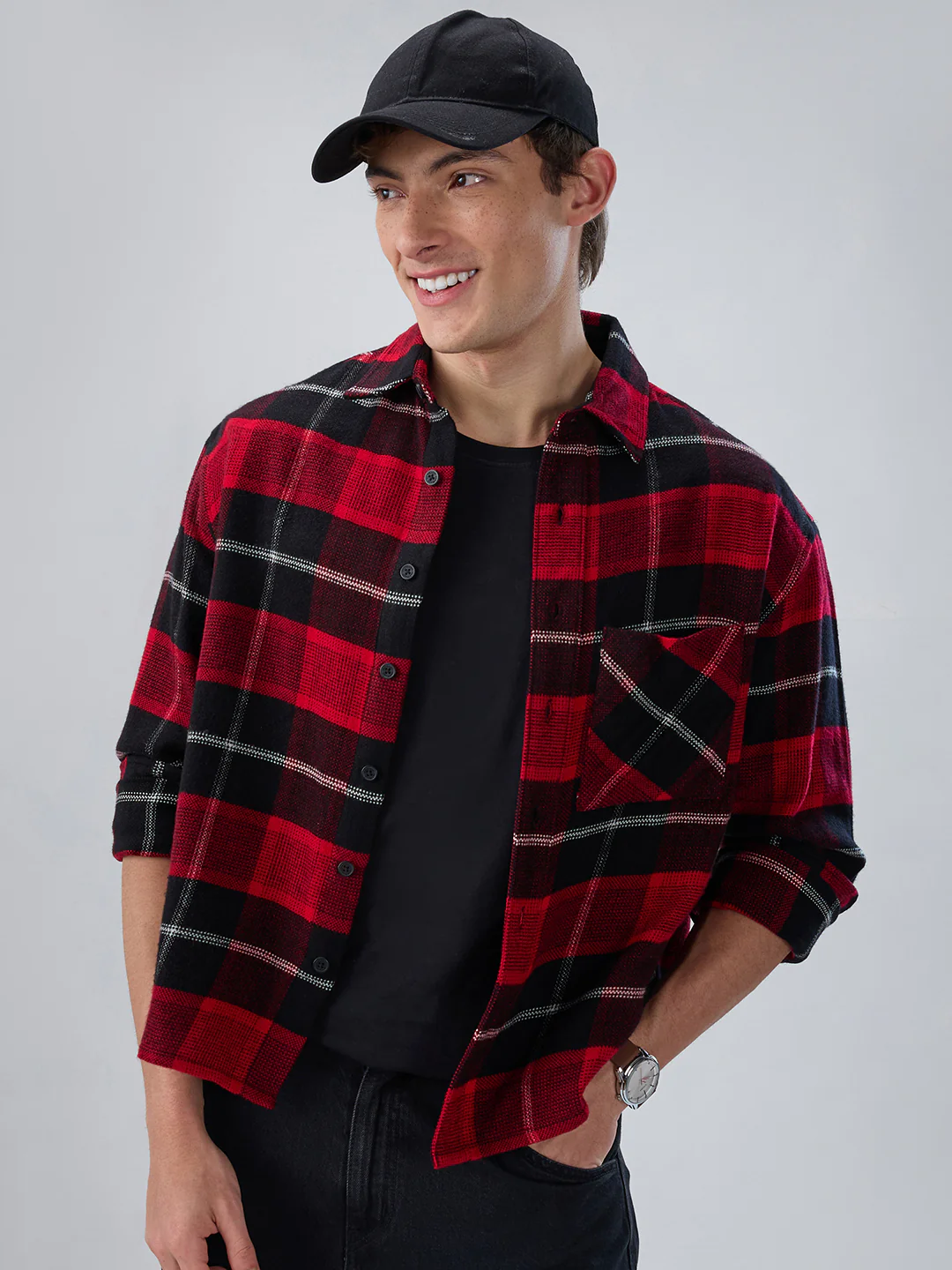 Premium Red & Black Flannel Checks Boxy Fit Crop Shirt - Image 4