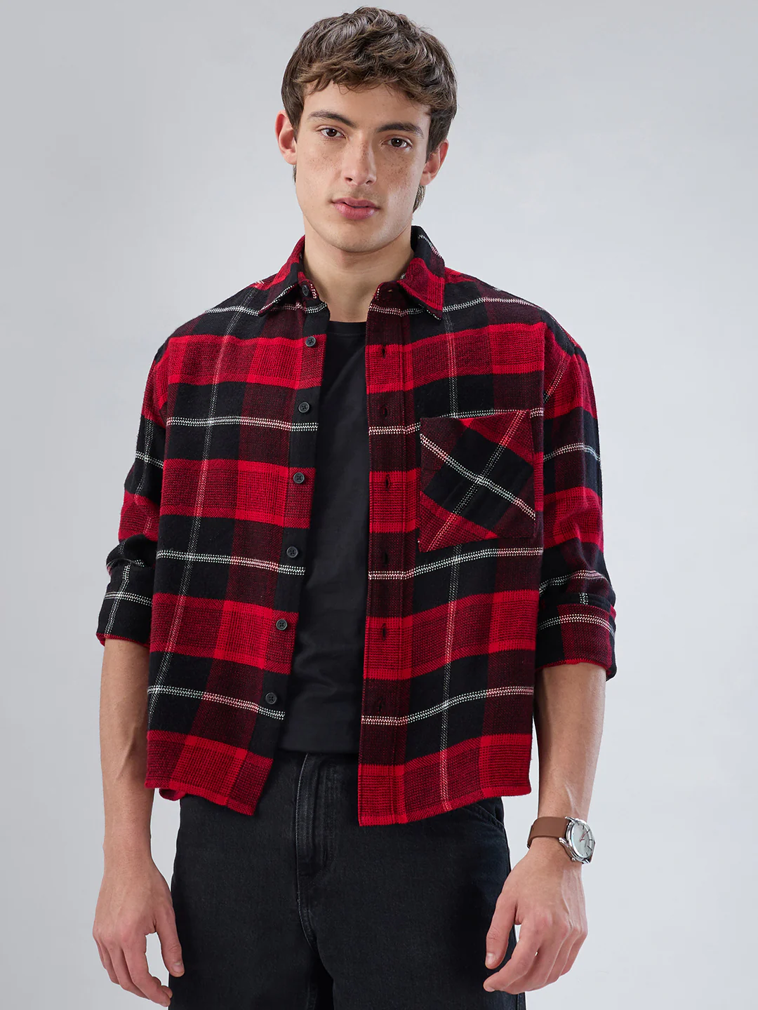 Premium Red & Black Flannel Checks Boxy Fit Crop Shirt - Image 5
