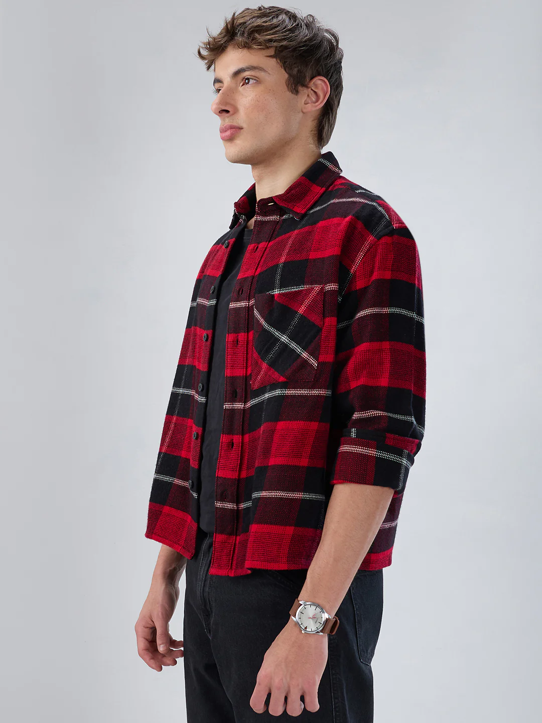 Premium Red & Black Flannel Checks Boxy Fit Crop Shirt - Image 6
