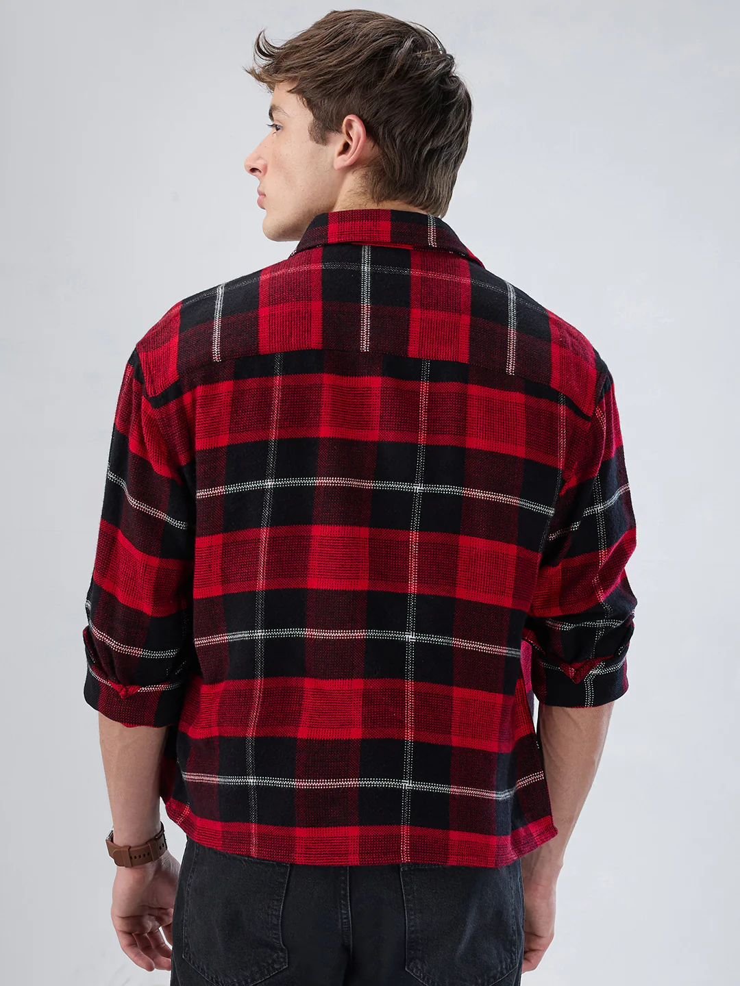 Premium Red & Black Flannel Checks Boxy Fit Crop Shirt - Image 7