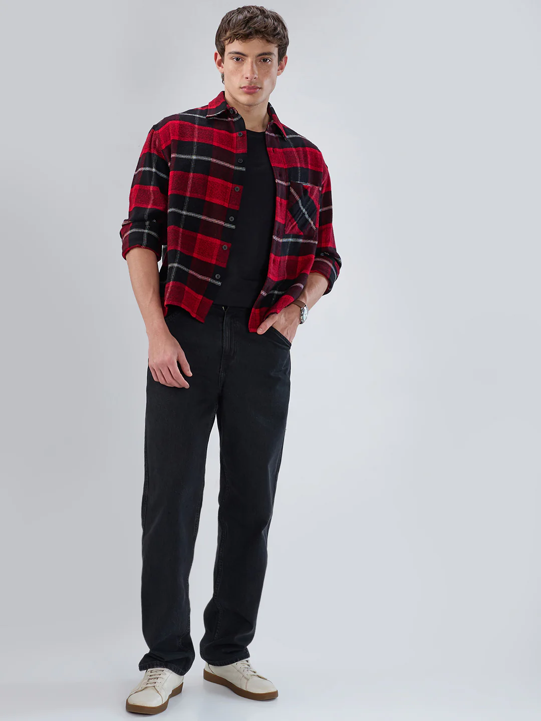 Premium Red & Black Flannel Checks Boxy Fit Crop Shirt - Image 8