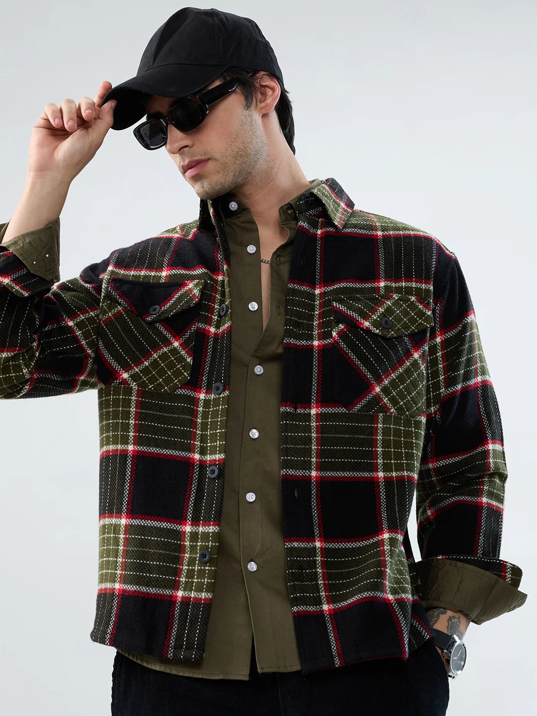 Premium Red & Olive Checks Double Pocket Flannel Shirt - Image 2
