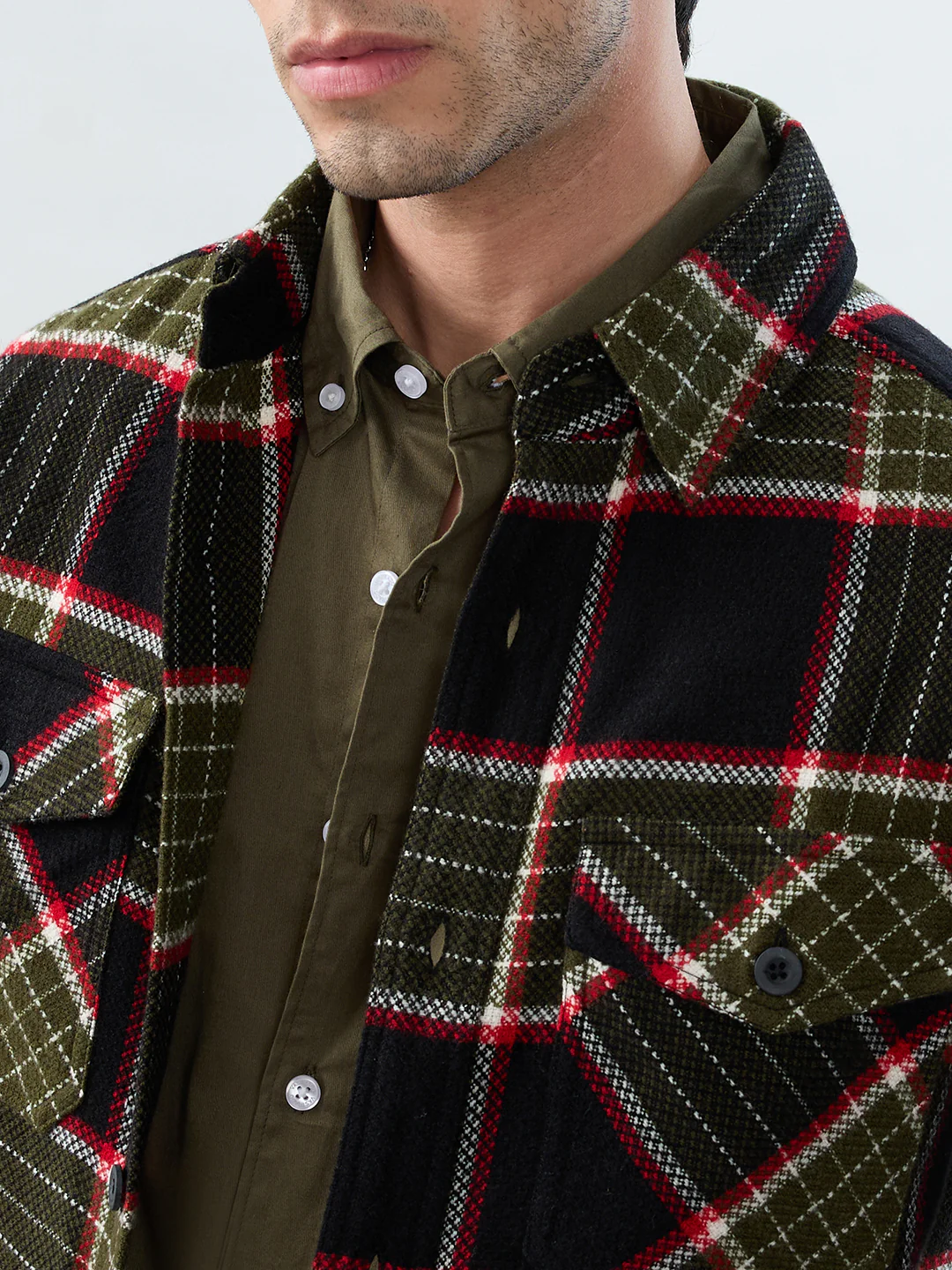Premium Red & Olive Checks Double Pocket Flannel Shirt - Image 3