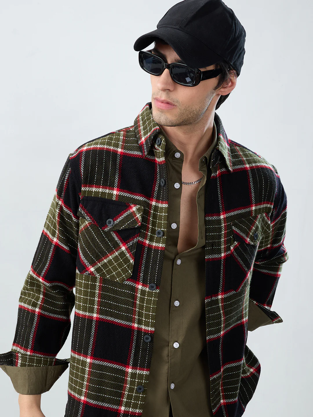 Premium Red & Olive Checks Double Pocket Flannel Shirt - Image 4