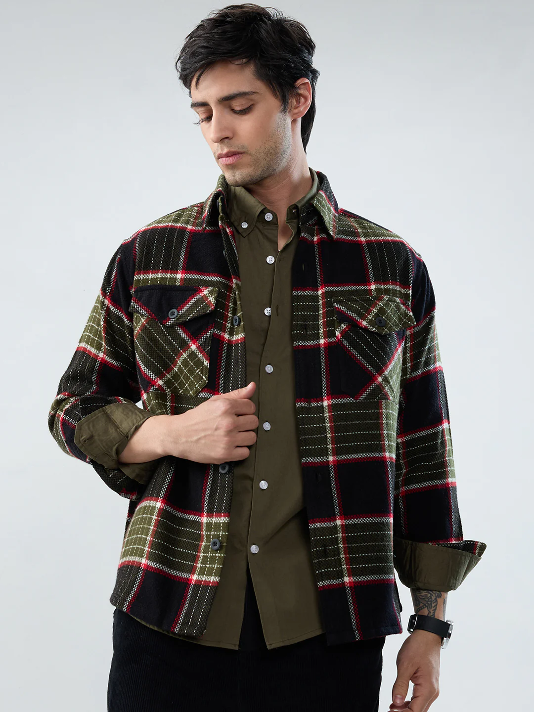Premium Red & Olive Checks Double Pocket Flannel Shirt - Image 5