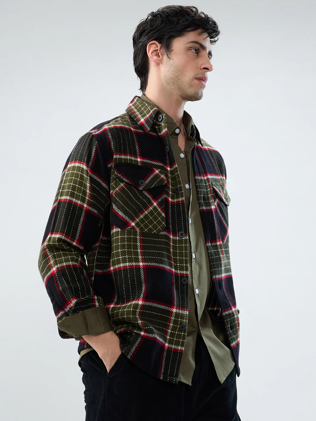 Premium Red & Olive Checks Double Pocket Flannel Shirt - Image 6