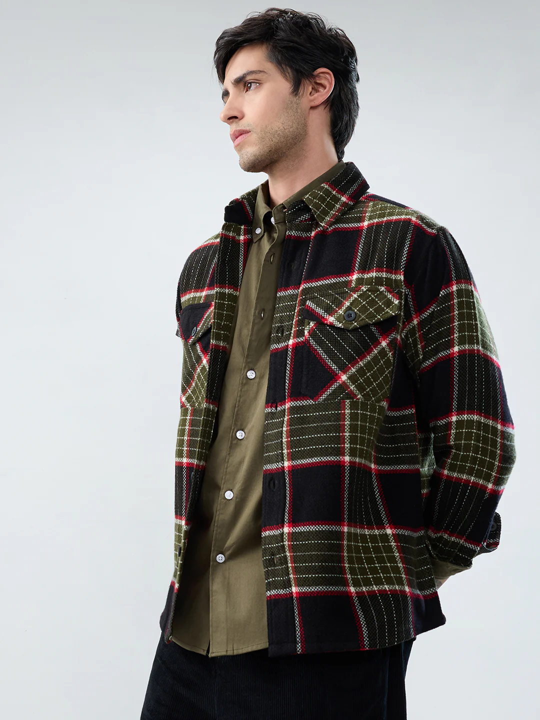 Premium Red & Olive Checks Double Pocket Flannel Shirt - Image 7