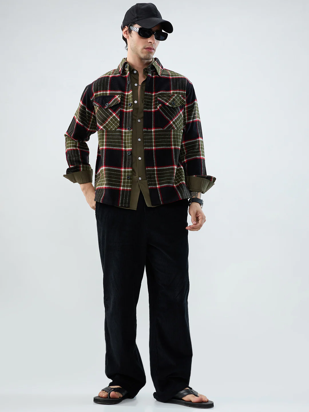 Premium Red & Olive Checks Double Pocket Flannel Shirt - Image 9