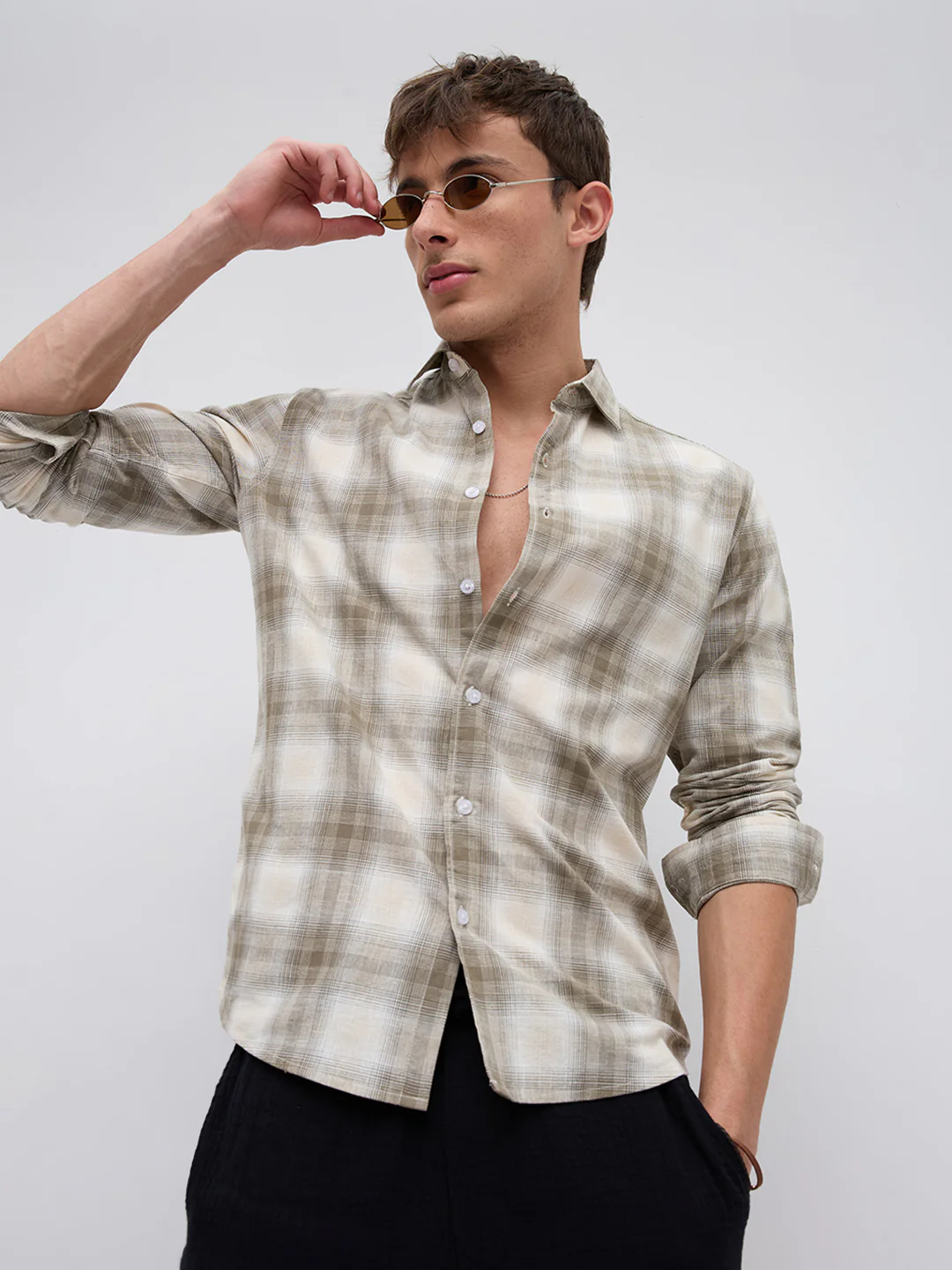 Premium Saddle Brown & White Plaid Linen Blend Checks Shirt - Image 2