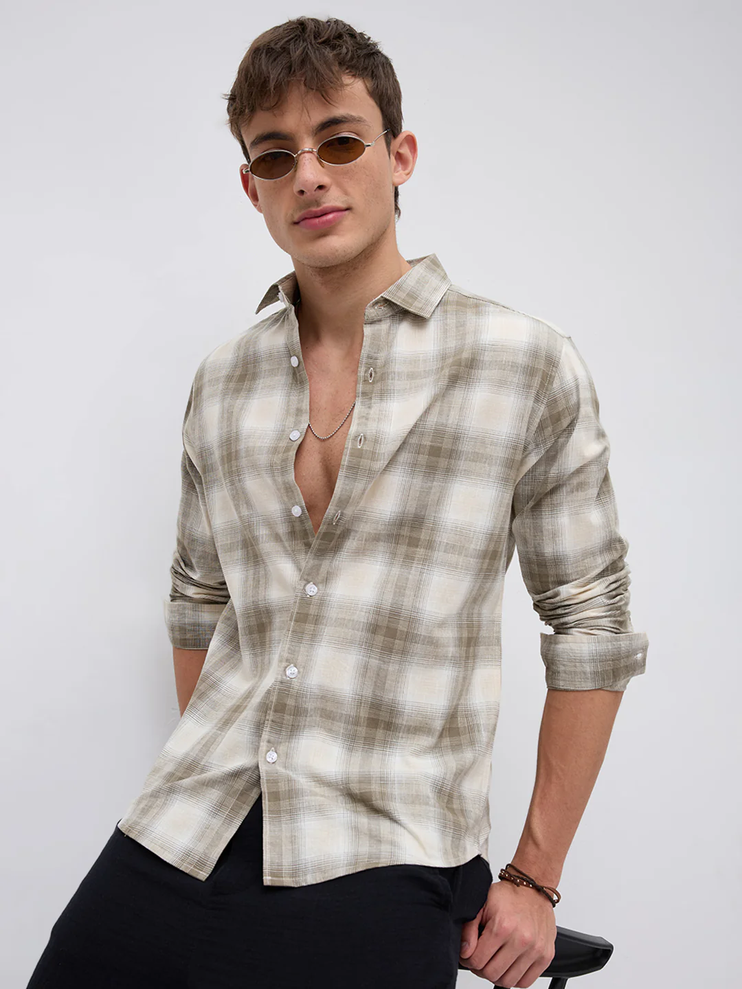 Premium Saddle Brown & White Plaid Linen Blend Checks Shirt - Image 4