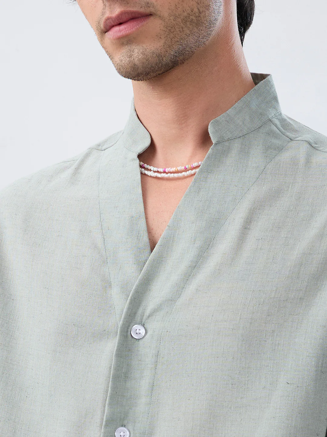 Premium Seafoam Green Linen Blend Stand-Collar Oversized Shirt - Image 3