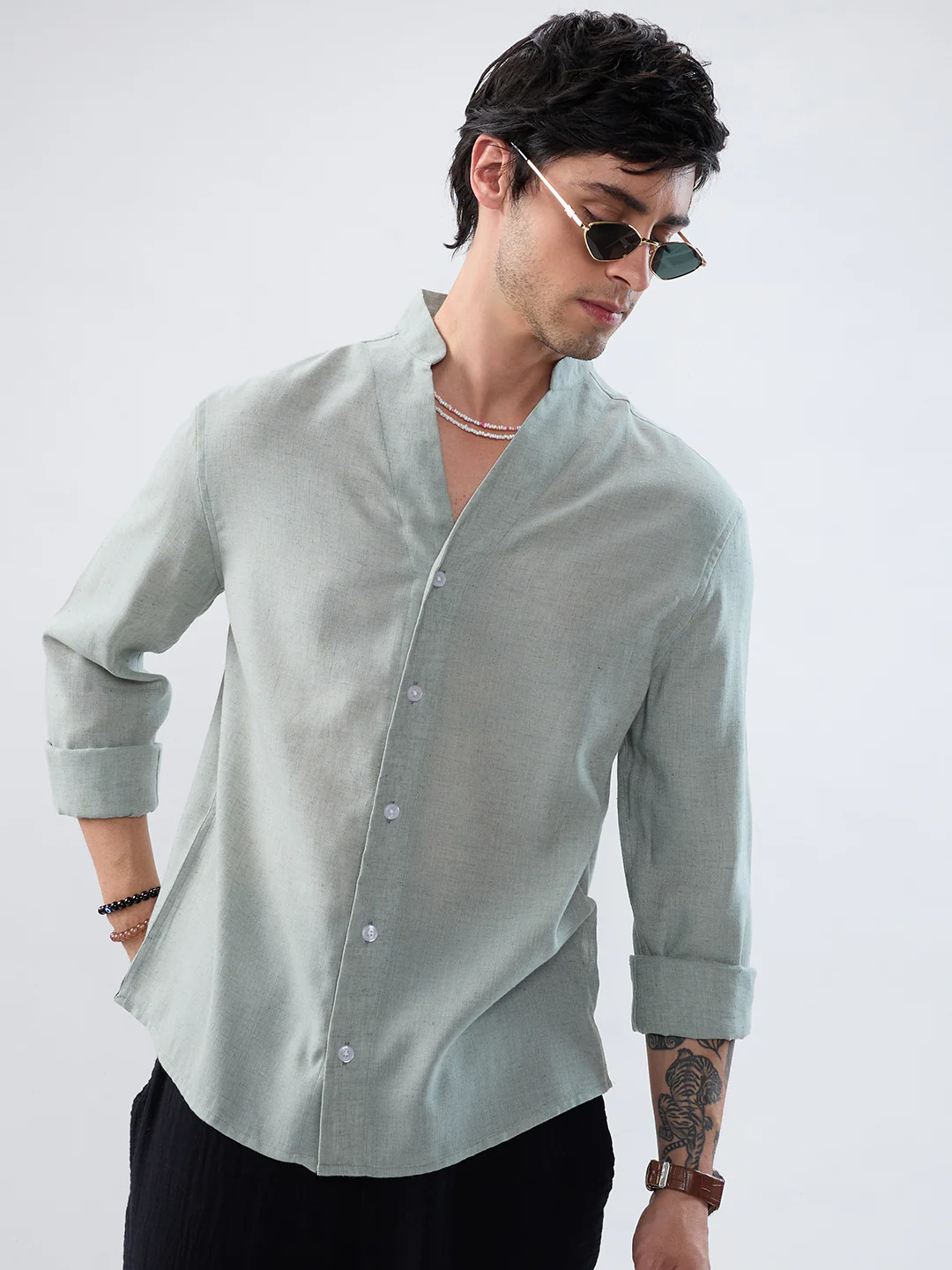 Premium Seafoam Green Linen Blend Stand-Collar Oversized Shirt - Image 4
