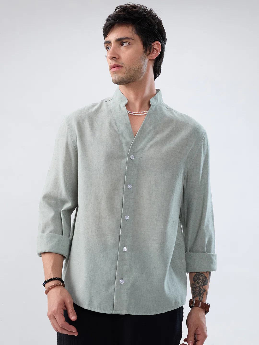 Premium Seafoam Green Linen Blend Stand-Collar Oversized Shirt - Image 5