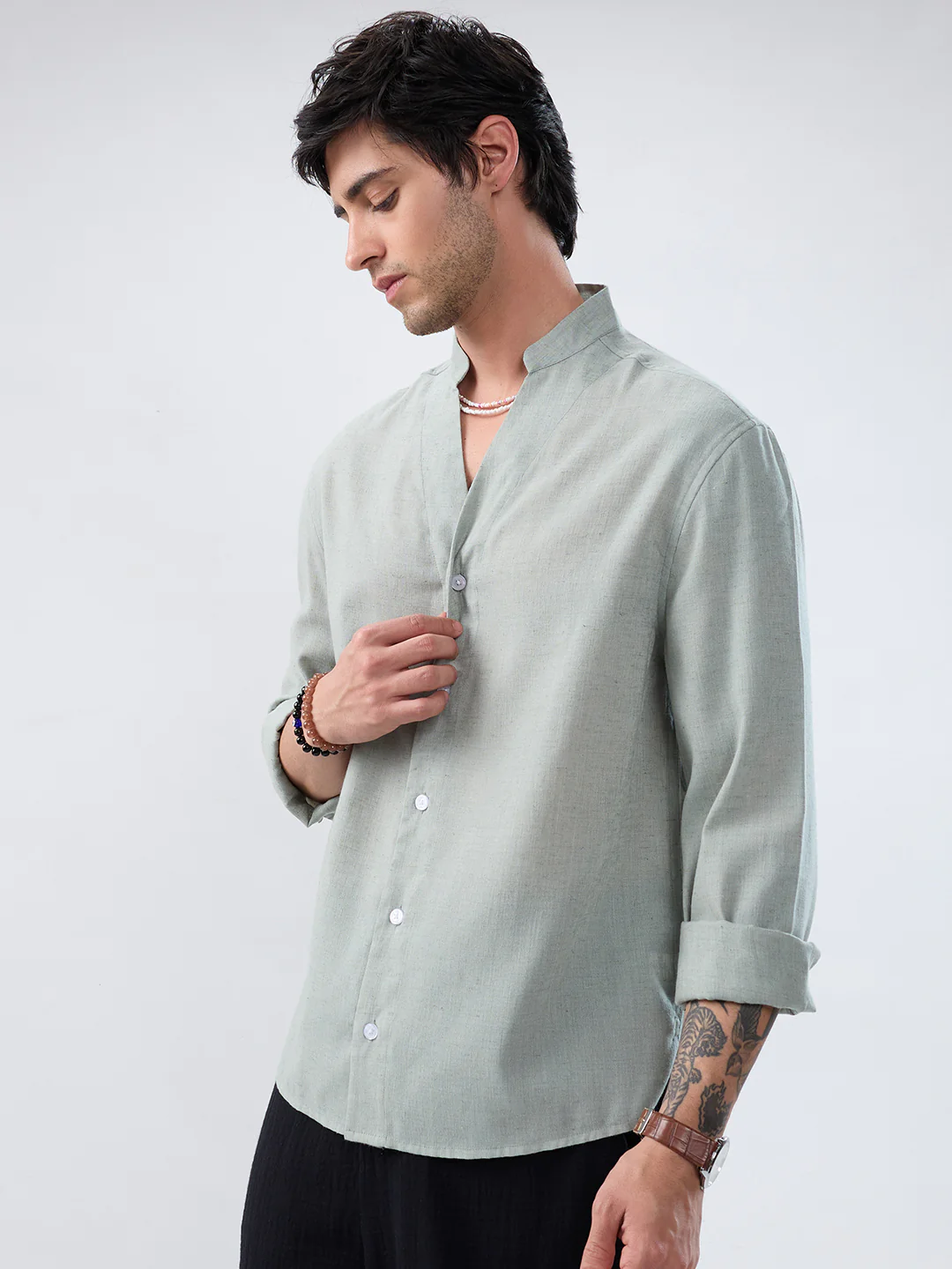 Premium Seafoam Green Linen Blend Stand-Collar Oversized Shirt - Image 6
