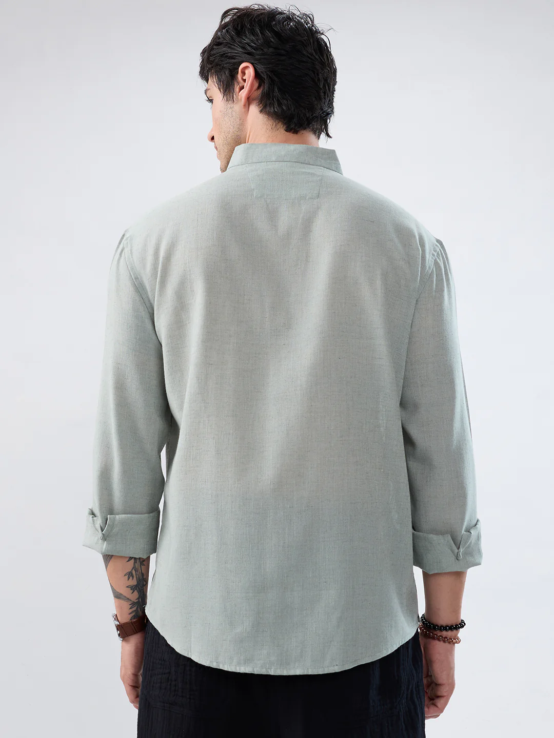 Premium Seafoam Green Linen Blend Stand-Collar Oversized Shirt - Image 7
