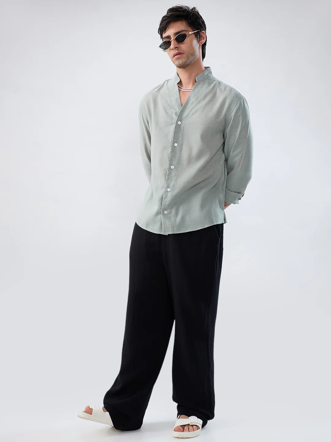 Premium Seafoam Green Linen Blend Stand-Collar Oversized Shirt - Image 8