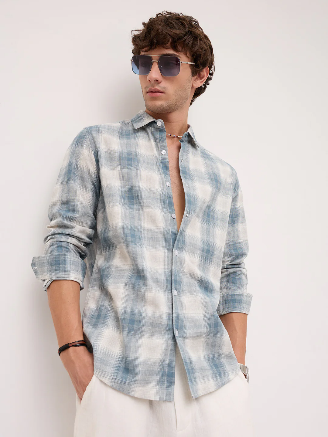 Premium Slate Blue & White Linen Blend Plaid Checks Shirt - Image 2