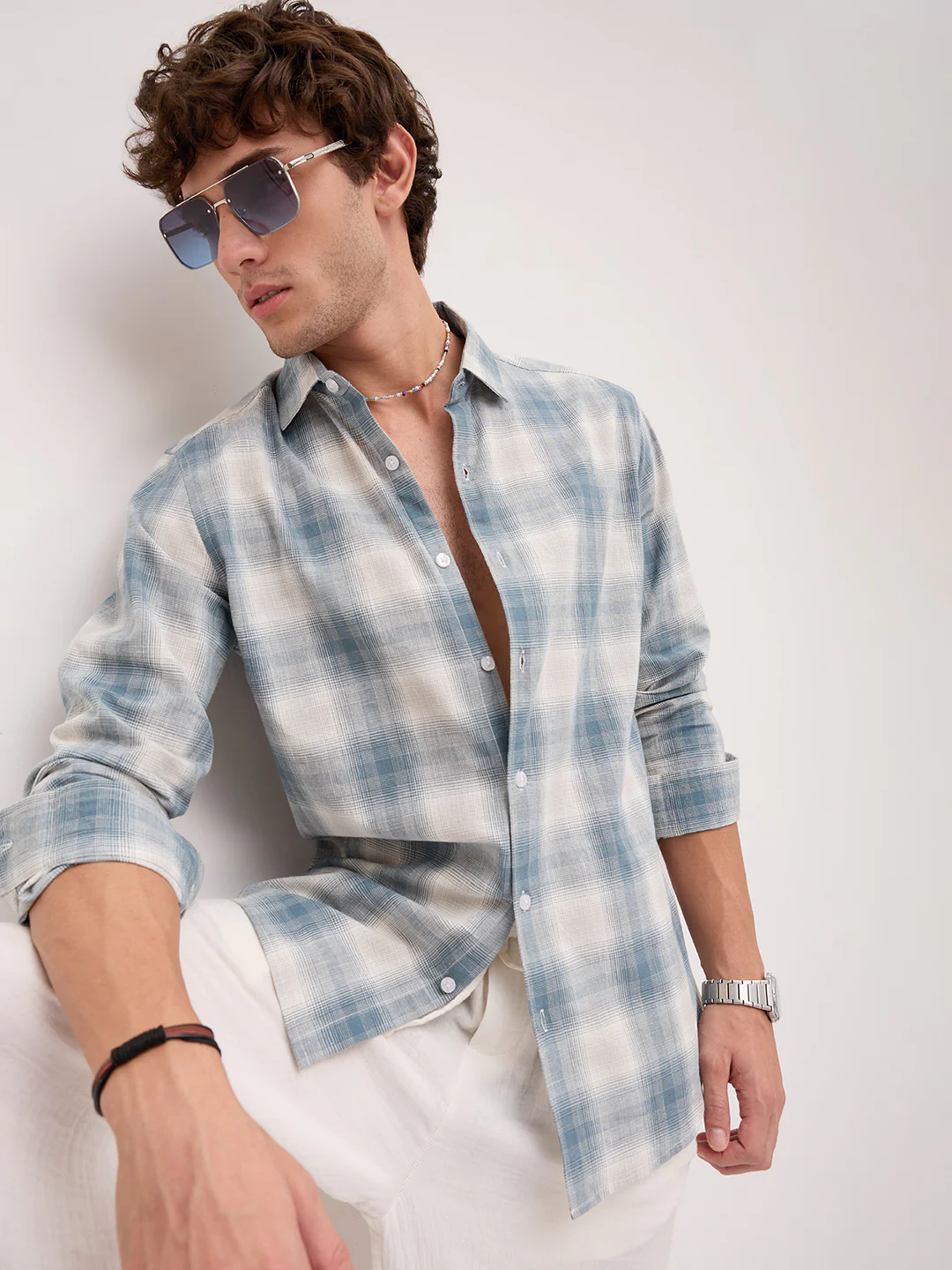 Premium Slate Blue & White Linen Blend Plaid Checks Shirt - Image 4