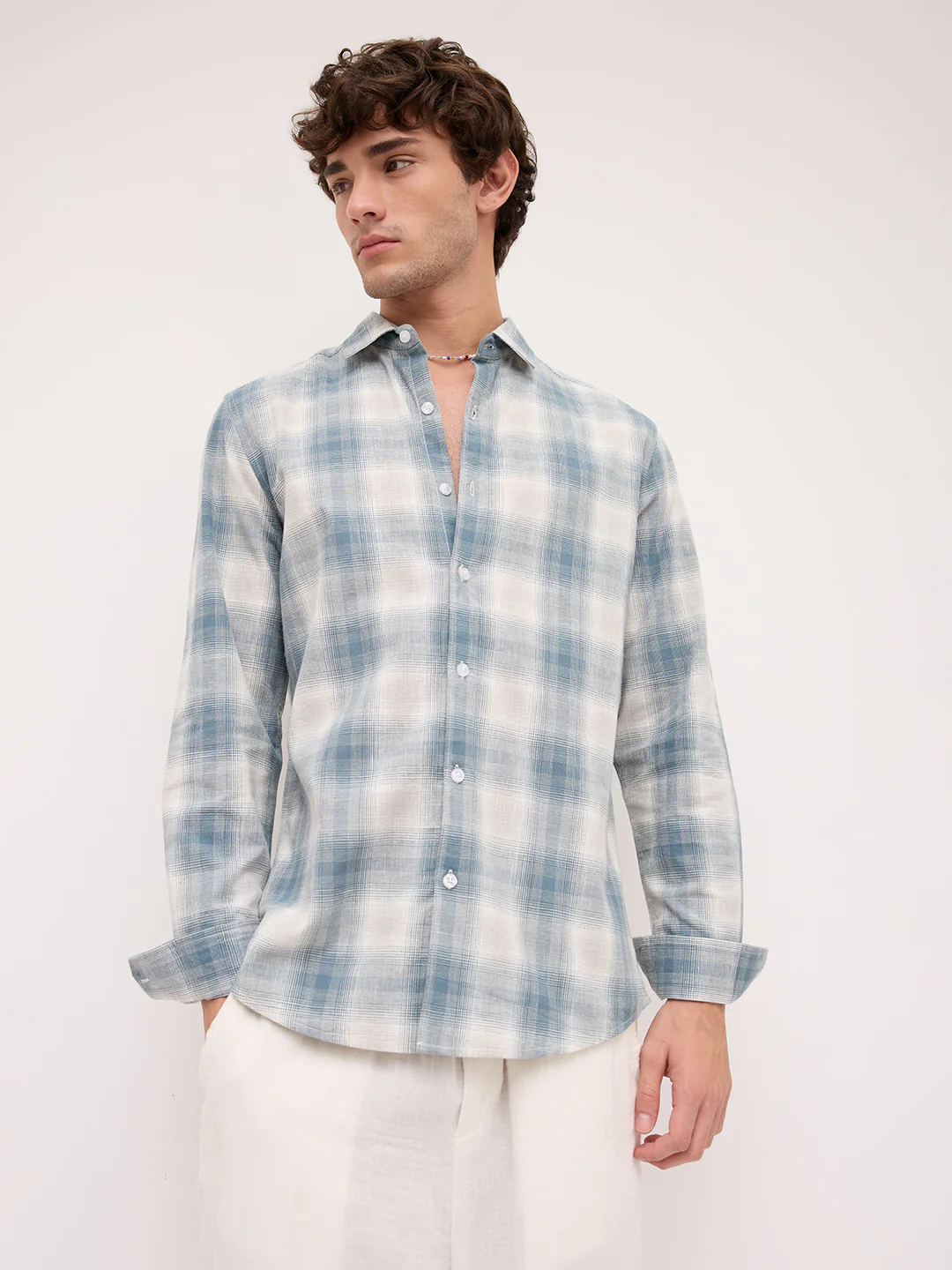 Premium Slate Blue & White Linen Blend Plaid Checks Shirt - Image 5