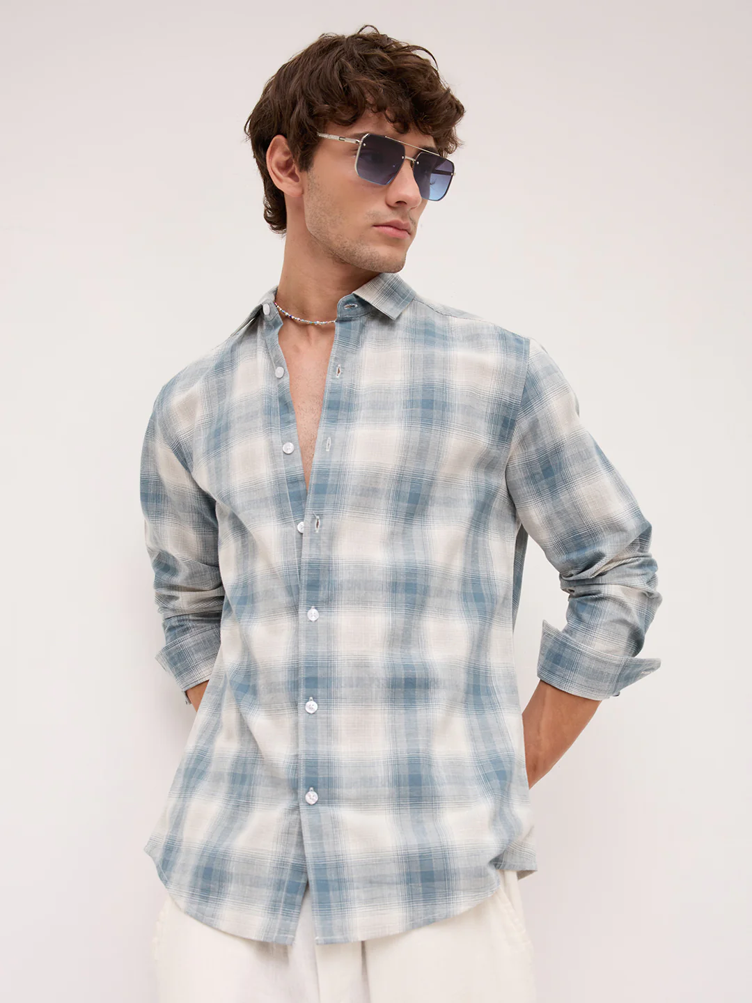 Premium Slate Blue & White Linen Blend Plaid Checks Shirt - Image 6