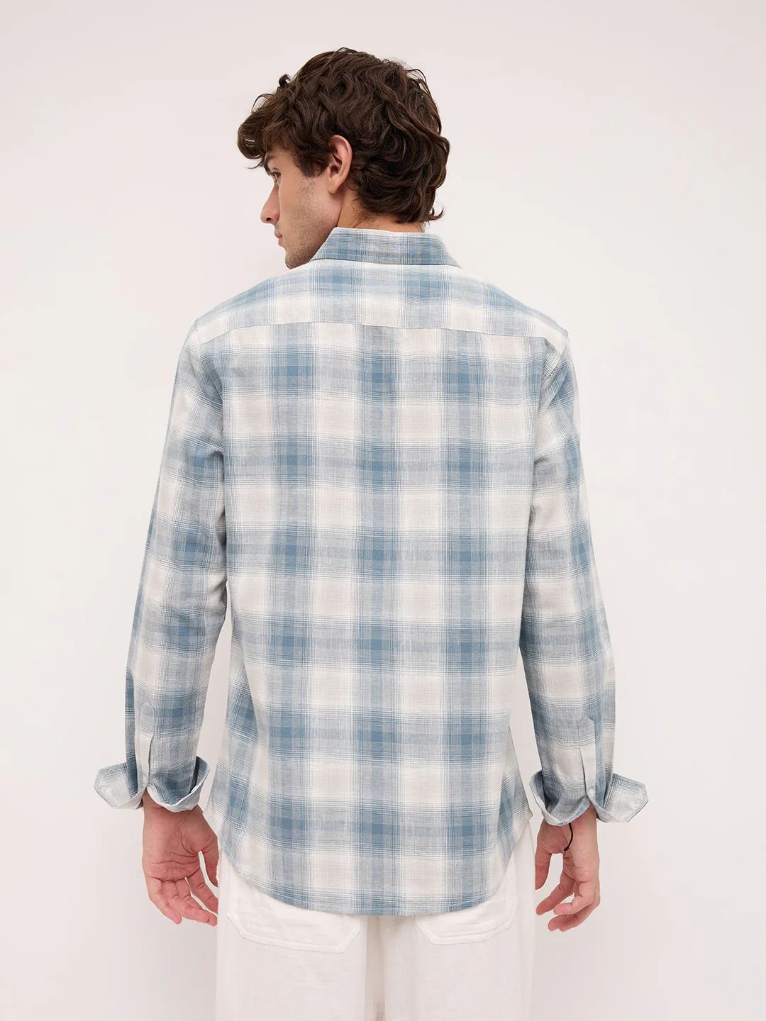 Premium Slate Blue & White Linen Blend Plaid Checks Shirt - Image 7