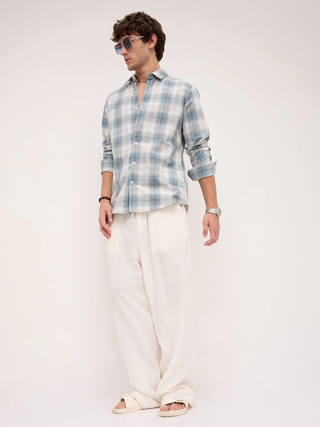 Premium Slate Blue & White Linen Blend Plaid Checks Shirt - Image 8