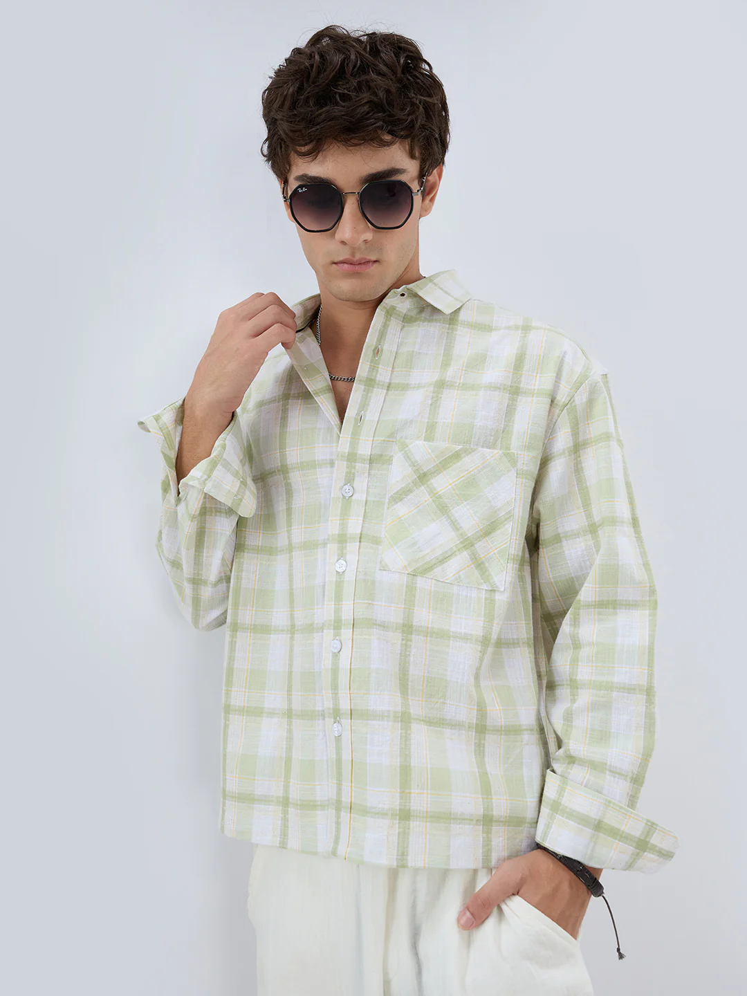 Premium Spring Green Fine Weave Linen Blend Boxy Fit Crop Shirt - Image 2