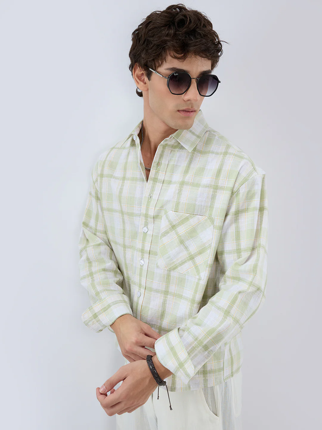 Premium Spring Green Fine Weave Linen Blend Boxy Fit Crop Shirt - Image 6