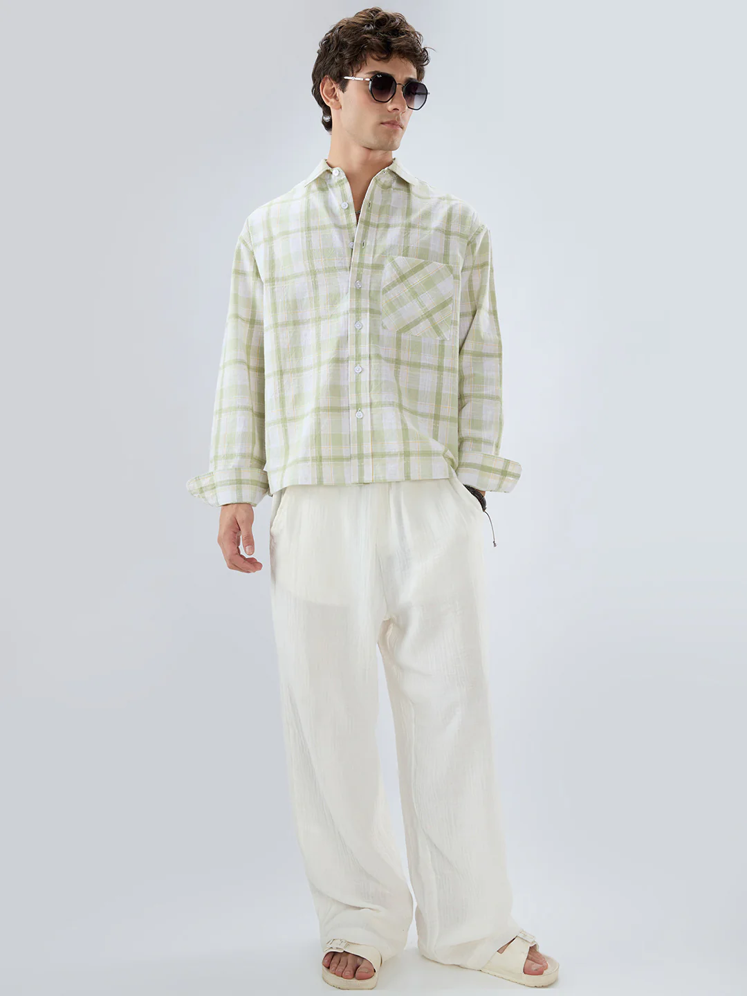 Premium Spring Green Fine Weave Linen Blend Boxy Fit Crop Shirt - Image 8
