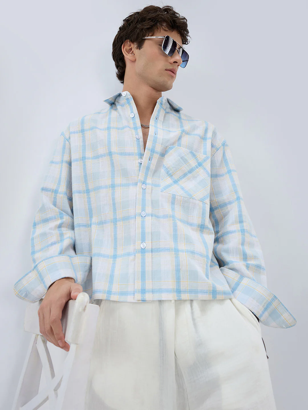 Premium Summer Sky Fine Weave Linen Blend Boxy Fit Crop Shirt - Image 4