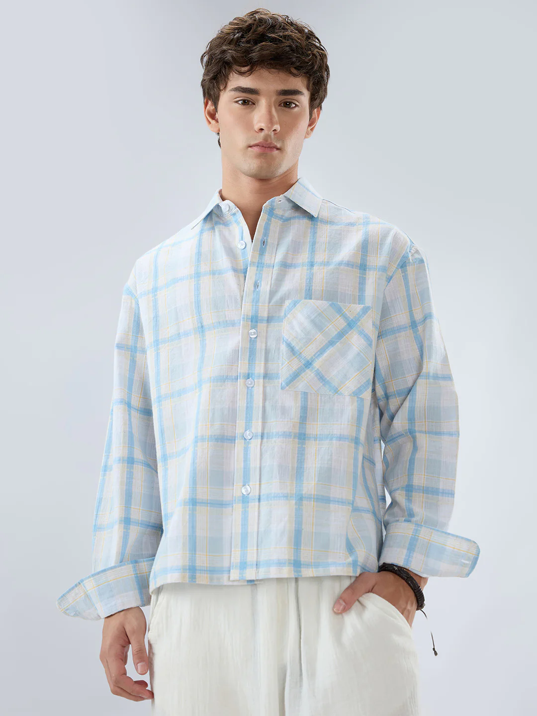 Premium Summer Sky Fine Weave Linen Blend Boxy Fit Crop Shirt - Image 5