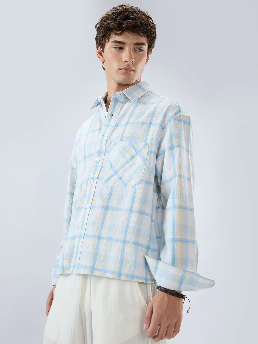 Premium Summer Sky Fine Weave Linen Blend Boxy Fit Crop Shirt - Image 6