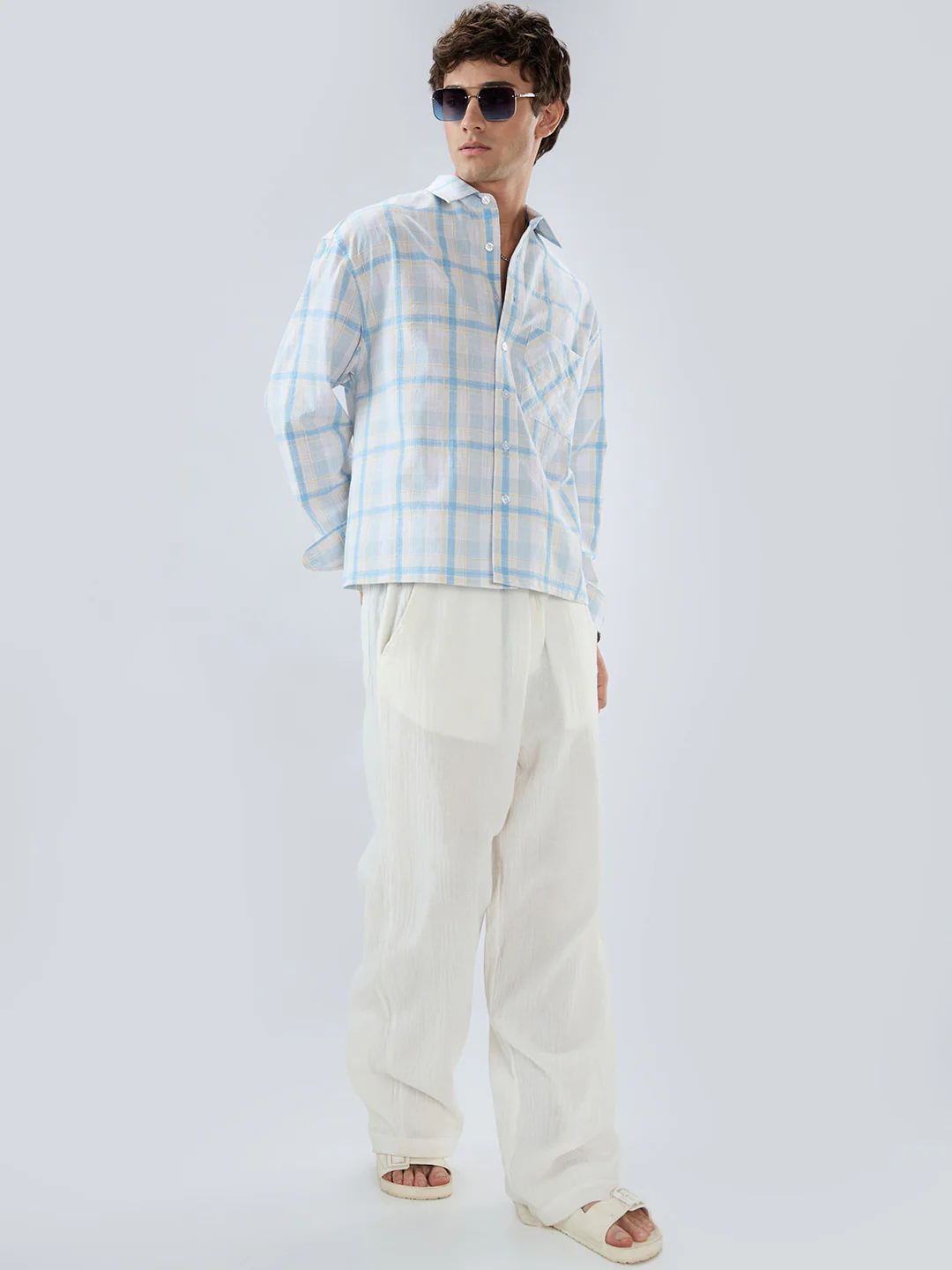 Premium Summer Sky Fine Weave Linen Blend Boxy Fit Crop Shirt - Image 8