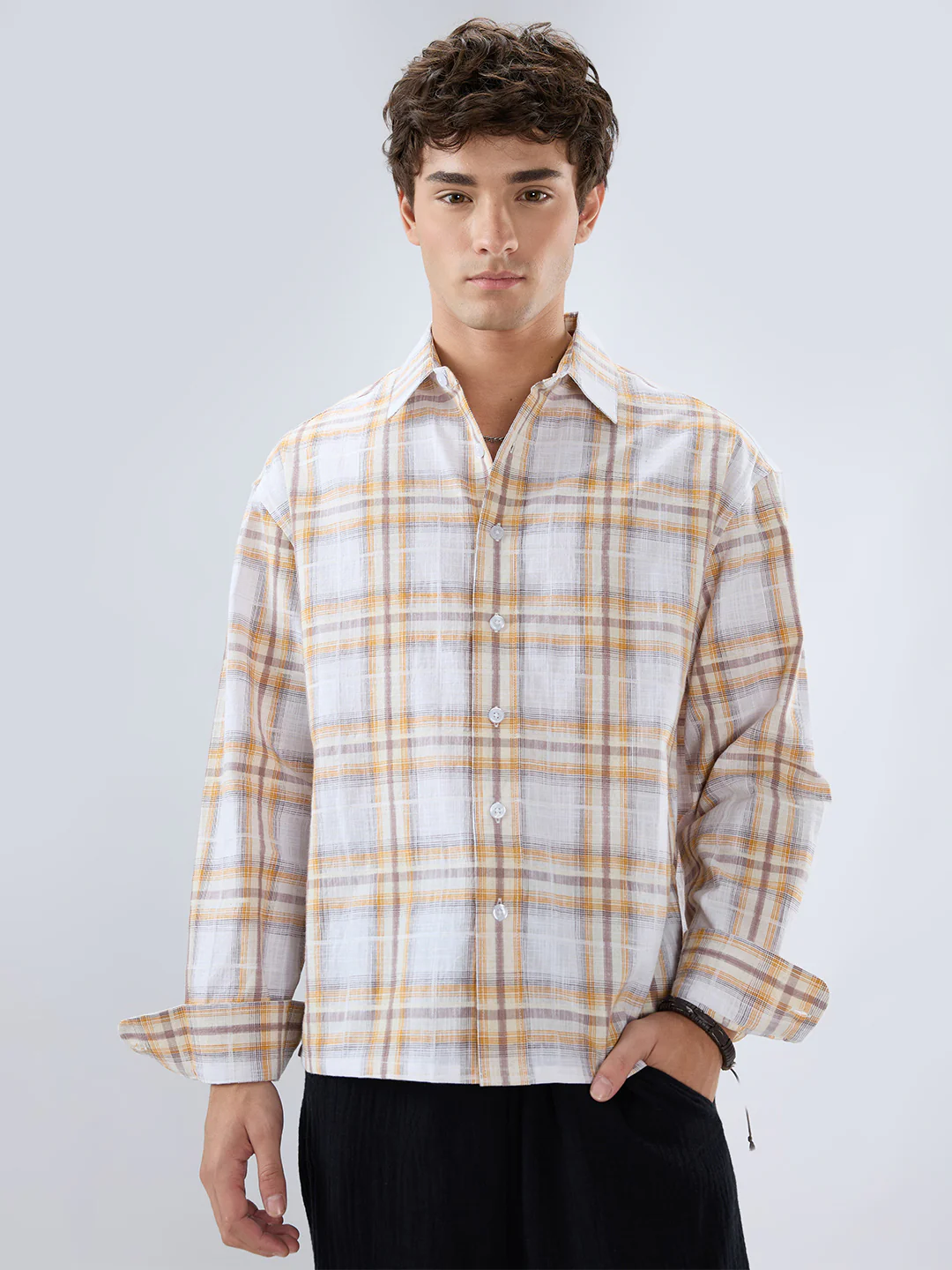 Premium Suncrest Plaid Textured Checks Boxy Fit Crop Shirt - Image 4