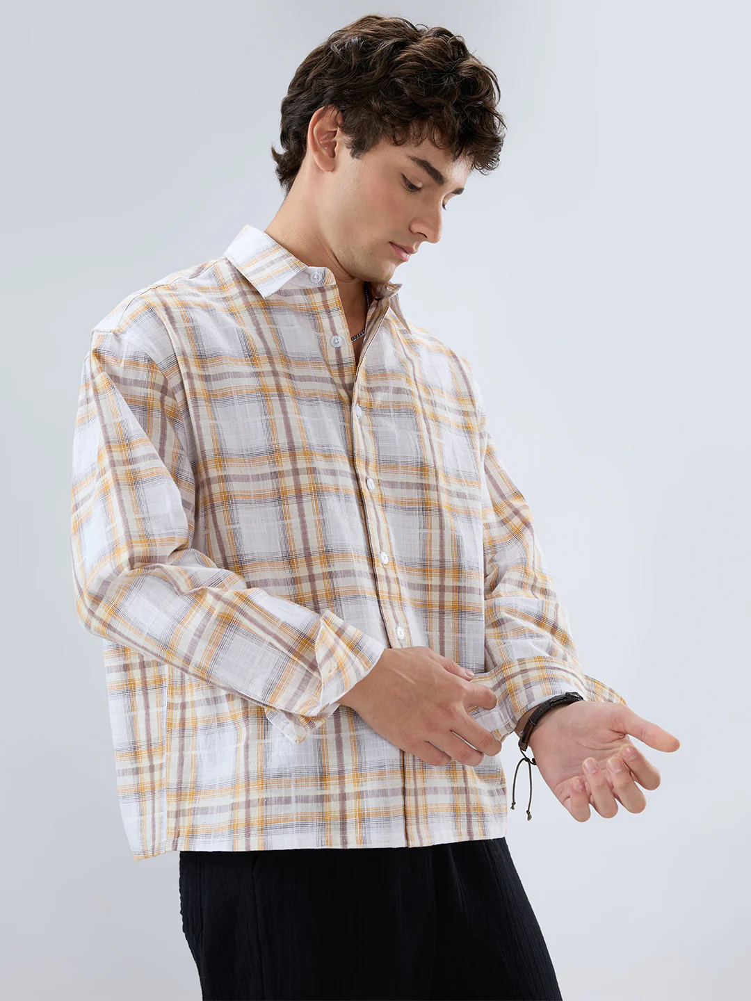 Premium Suncrest Plaid Textured Checks Boxy Fit Crop Shirt - Image 5