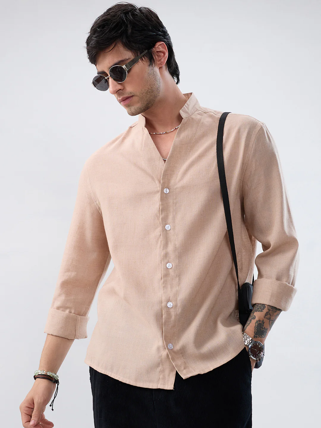 Premium Tan Beige Linen Blend Stand-Collar Oversized Shirt - Image 2