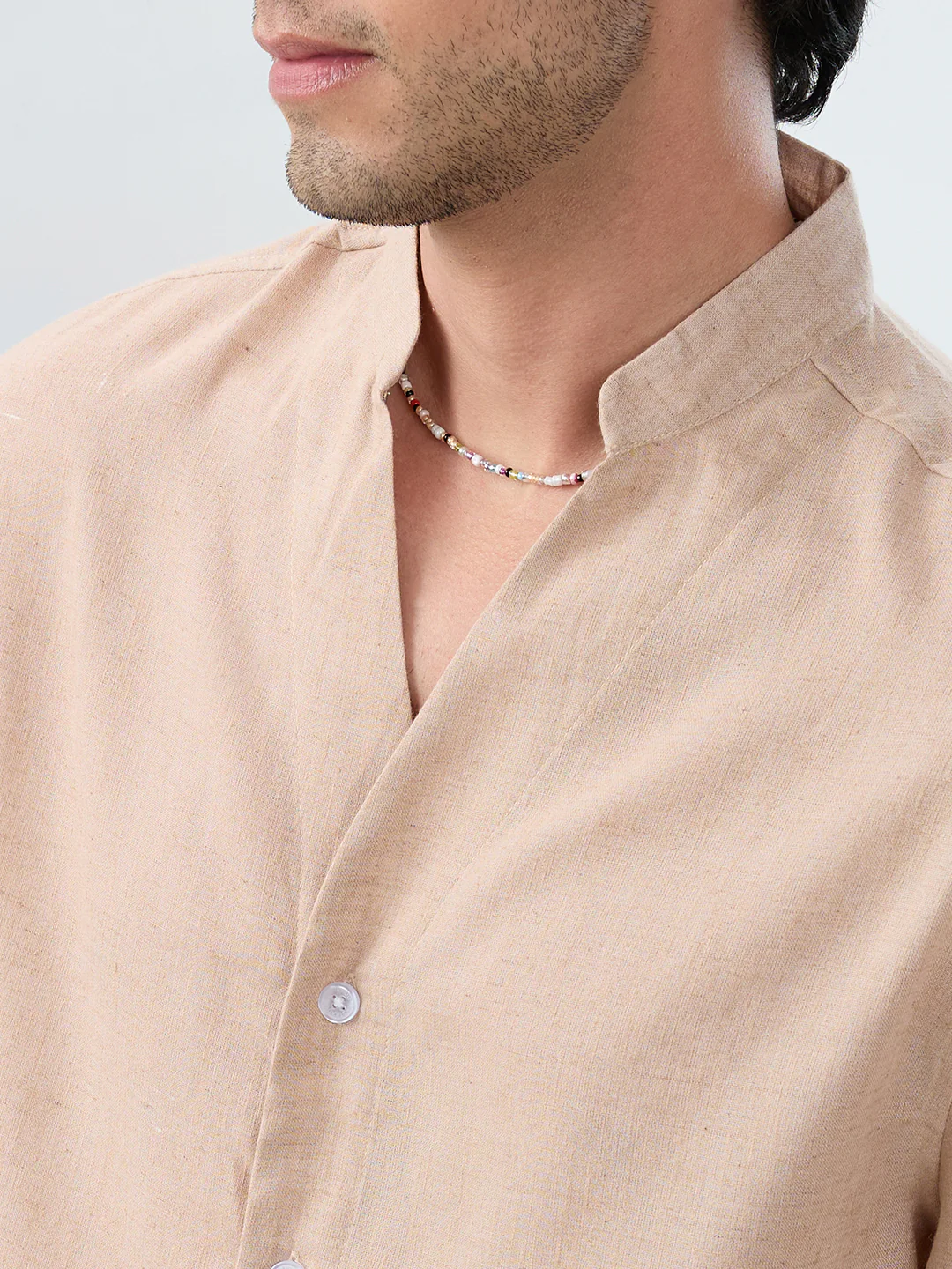 Premium Tan Beige Linen Blend Stand-Collar Oversized Shirt - Image 3