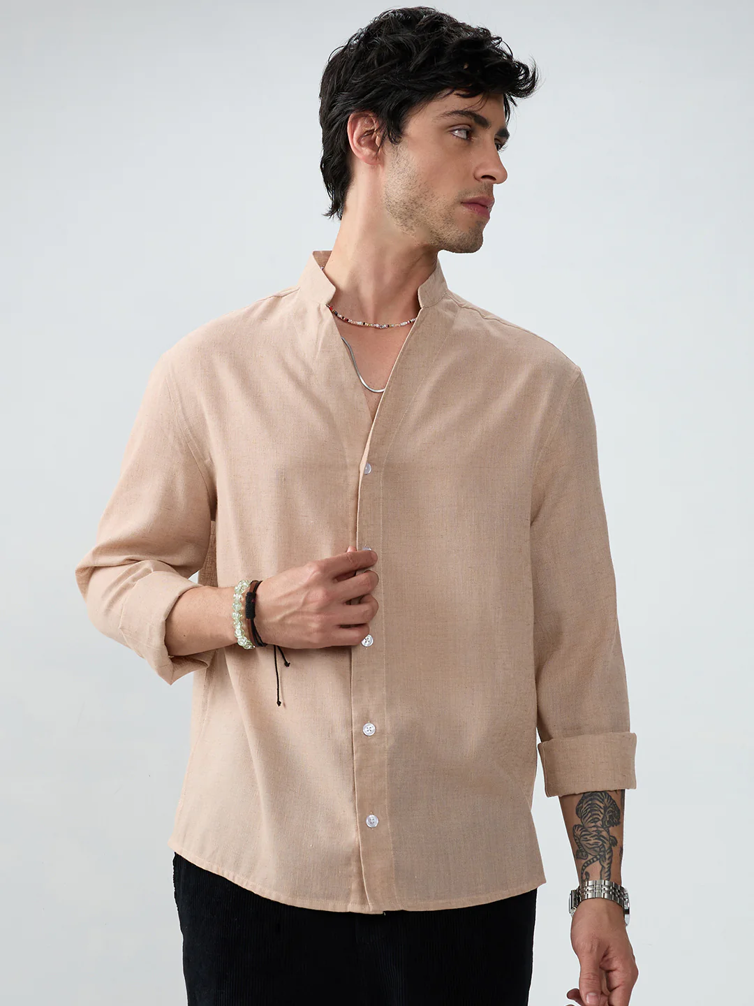Premium Tan Beige Linen Blend Stand-Collar Oversized Shirt - Image 4