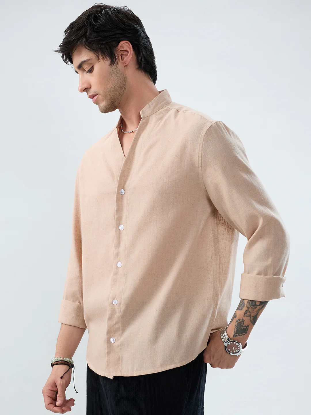 Premium Tan Beige Linen Blend Stand-Collar Oversized Shirt - Image 5