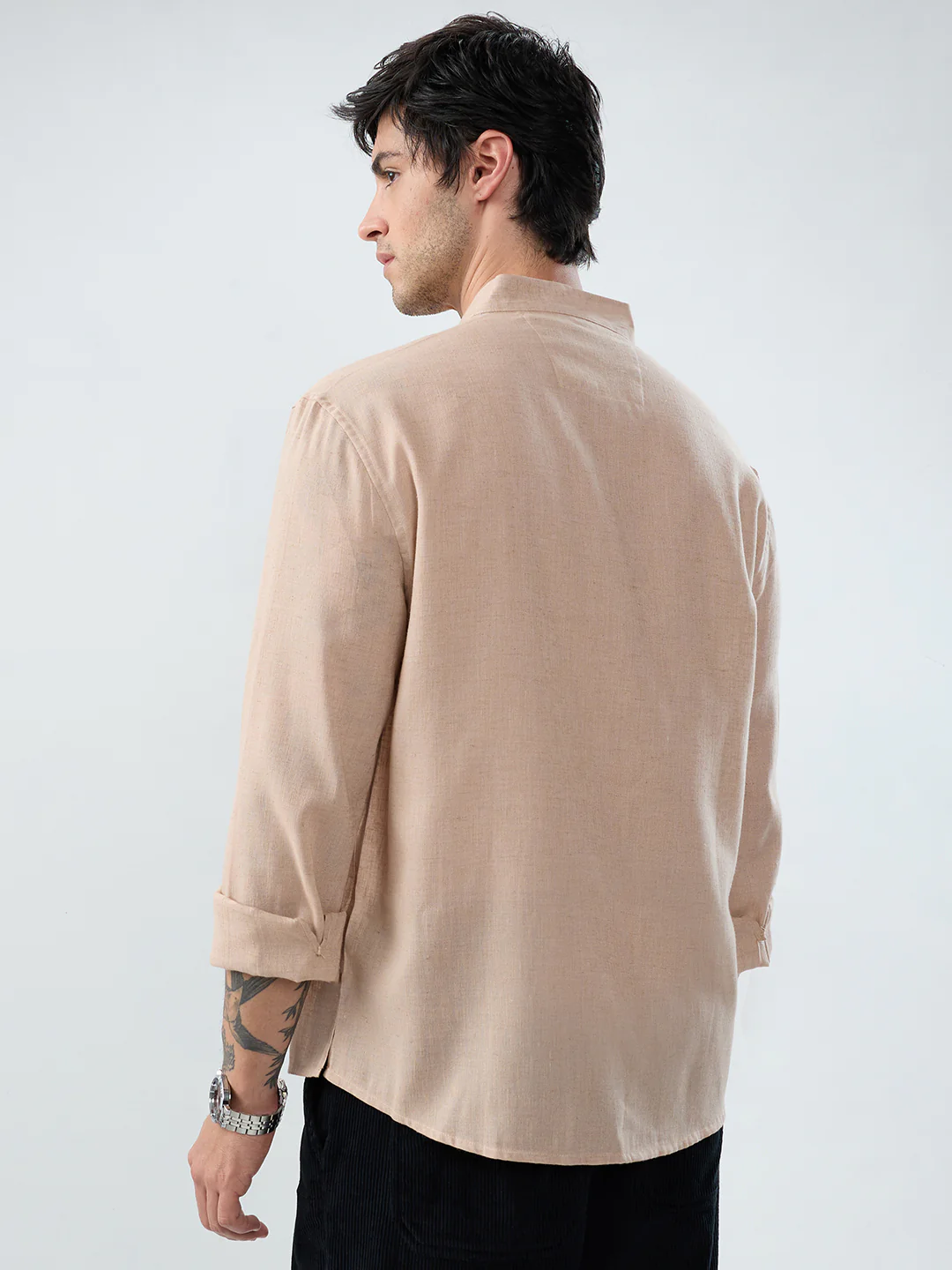 Premium Tan Beige Linen Blend Stand-Collar Oversized Shirt - Image 6