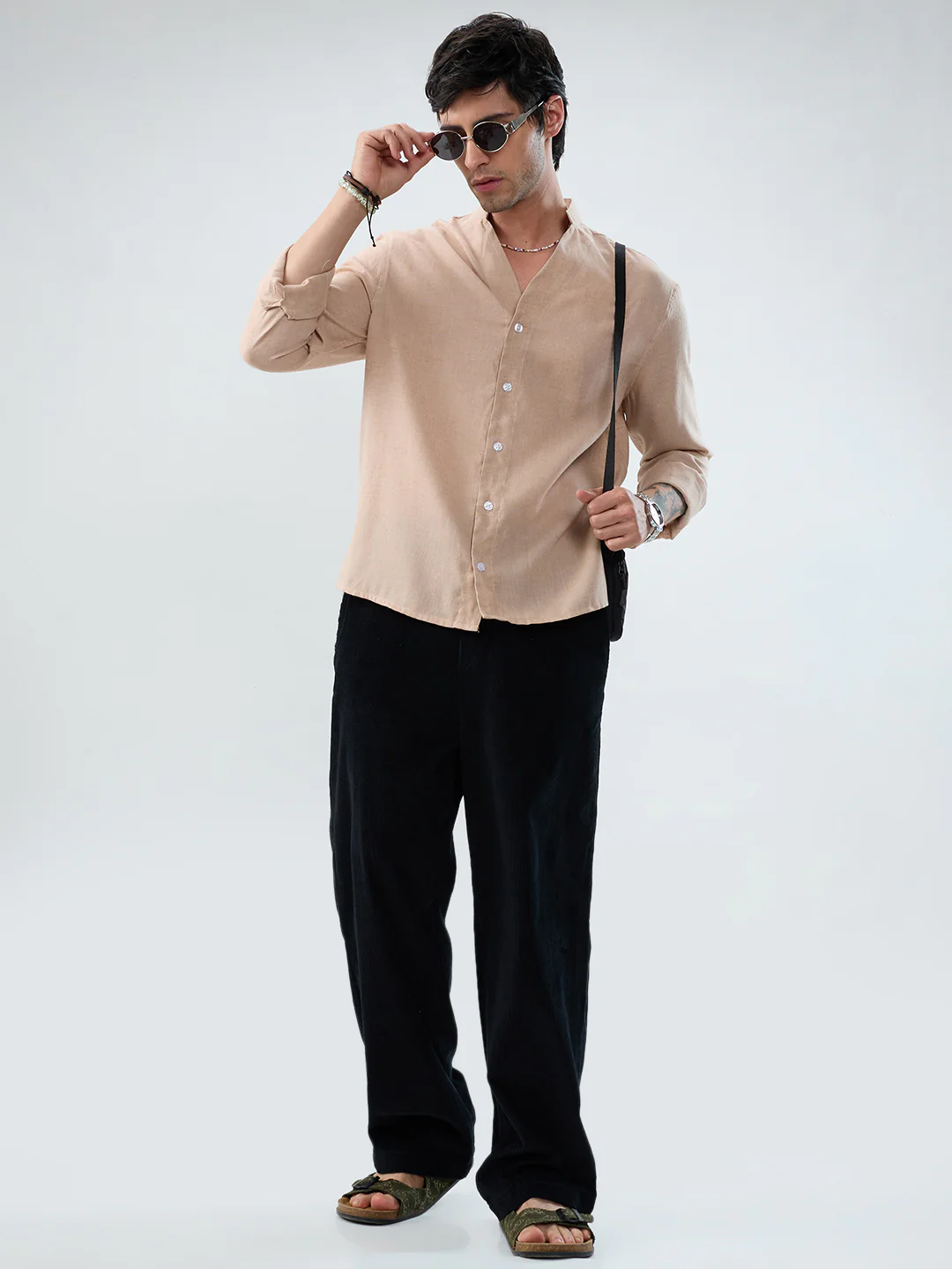 Premium Tan Beige Linen Blend Stand-Collar Oversized Shirt - Image 7
