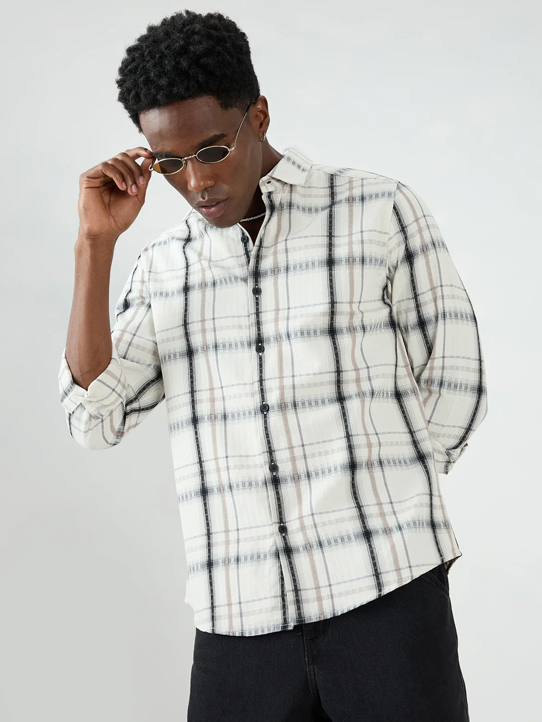 Premium White & Grey Soft Textured Checks Shirt - Image 2