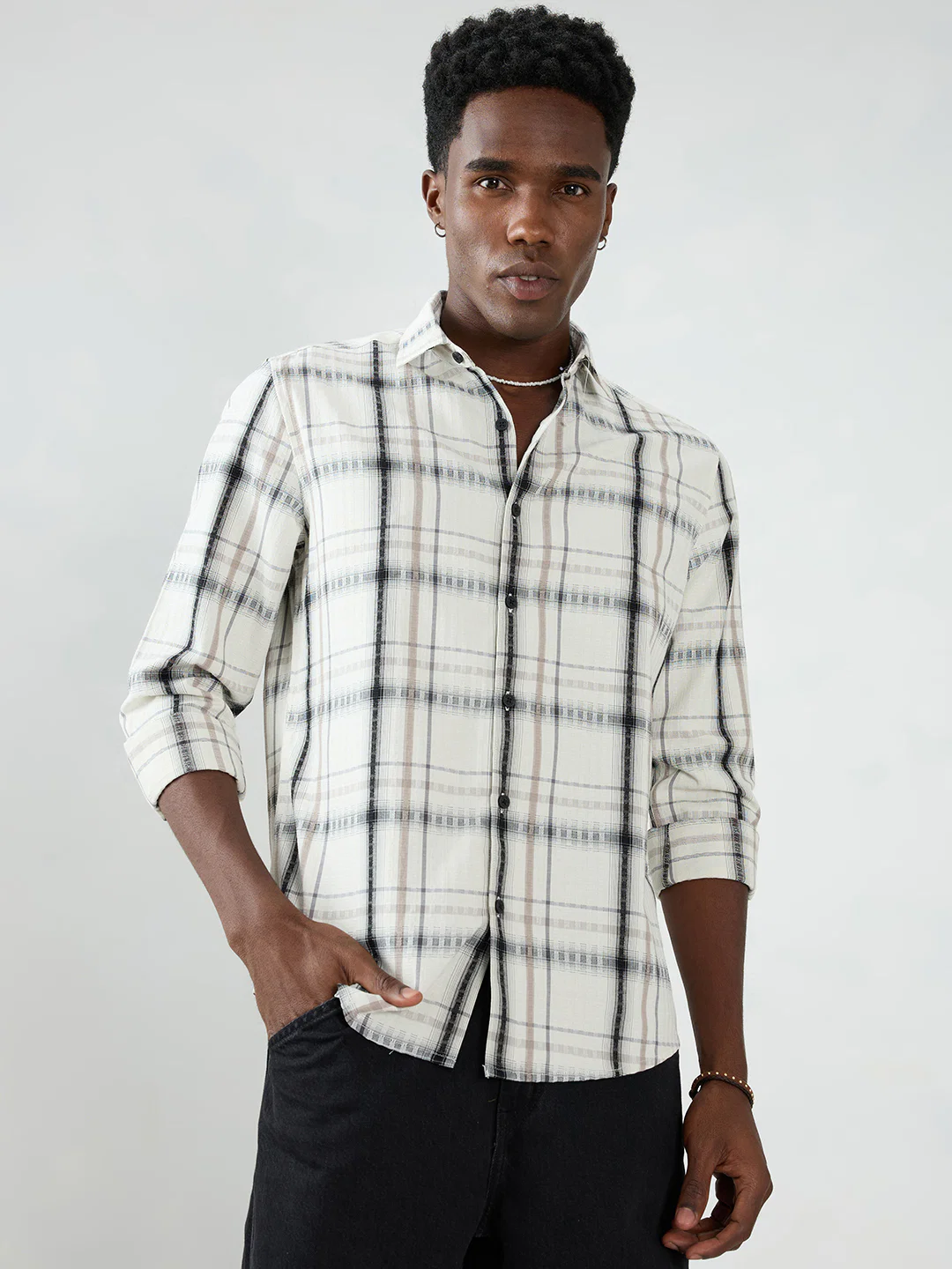 Premium White & Grey Soft Textured Checks Shirt - Image 5