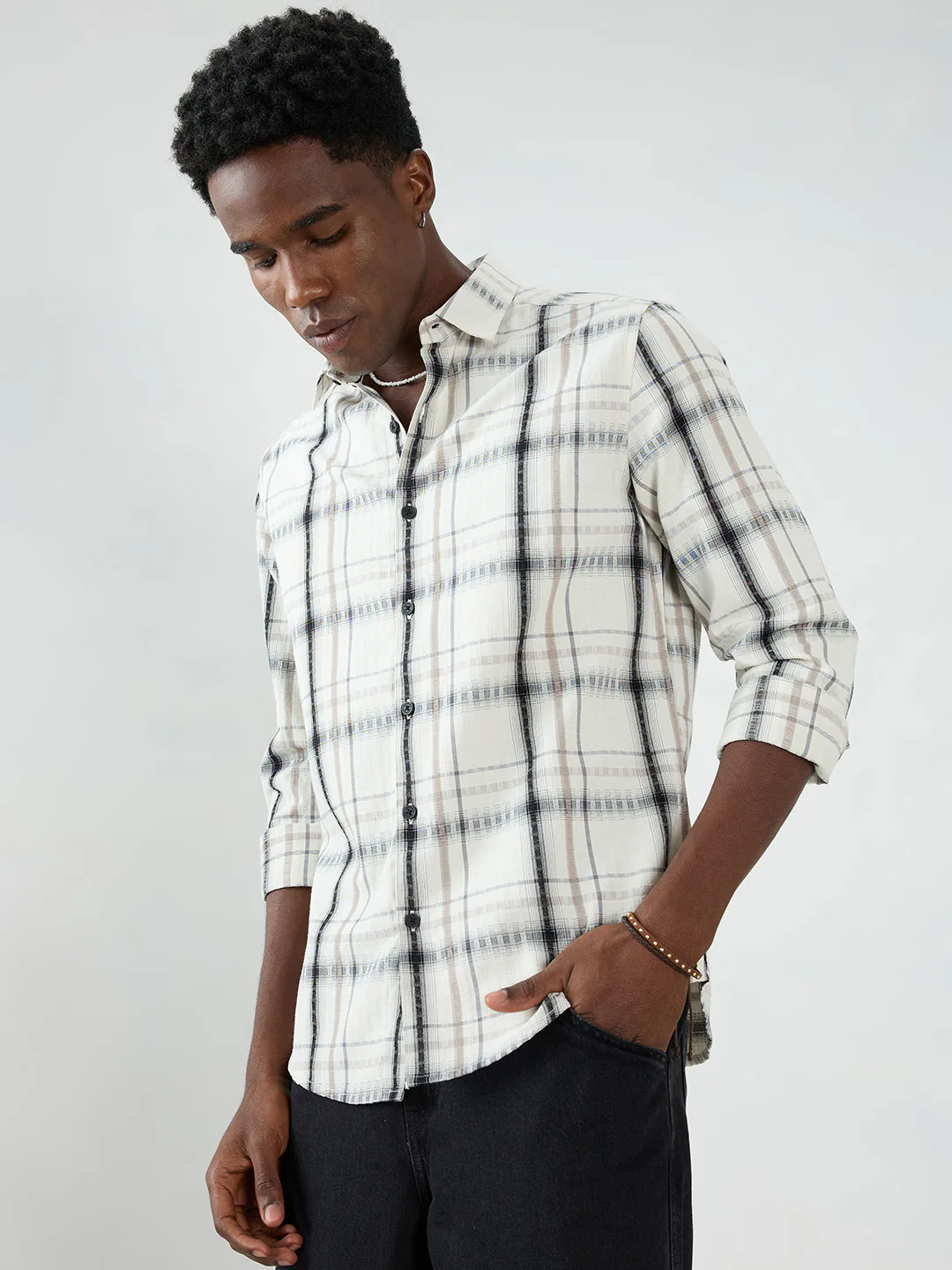 Premium White & Grey Soft Textured Checks Shirt - Image 6