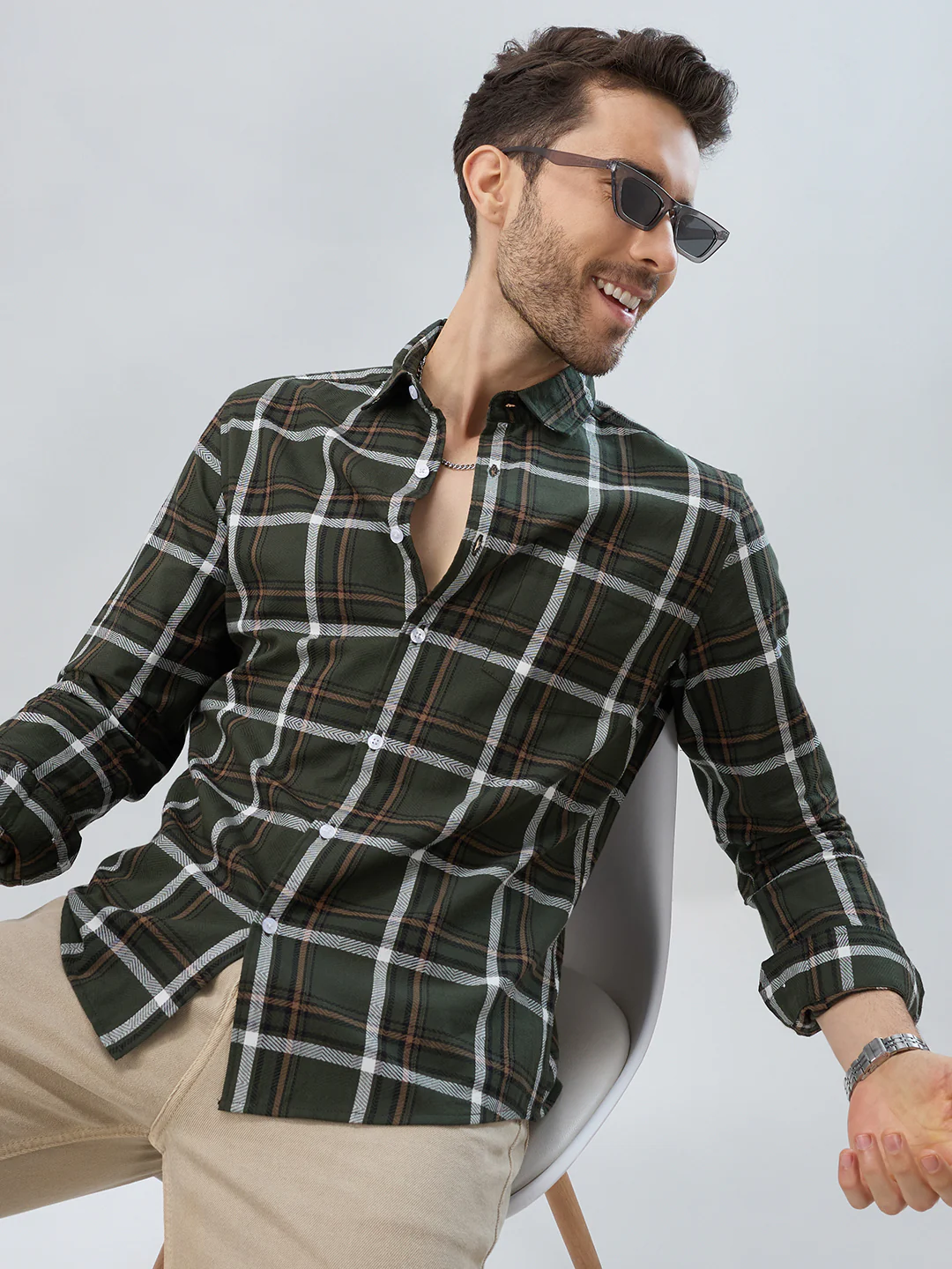 Premium Cotton Olive Grid Tartan Checks Shirt - Image 2